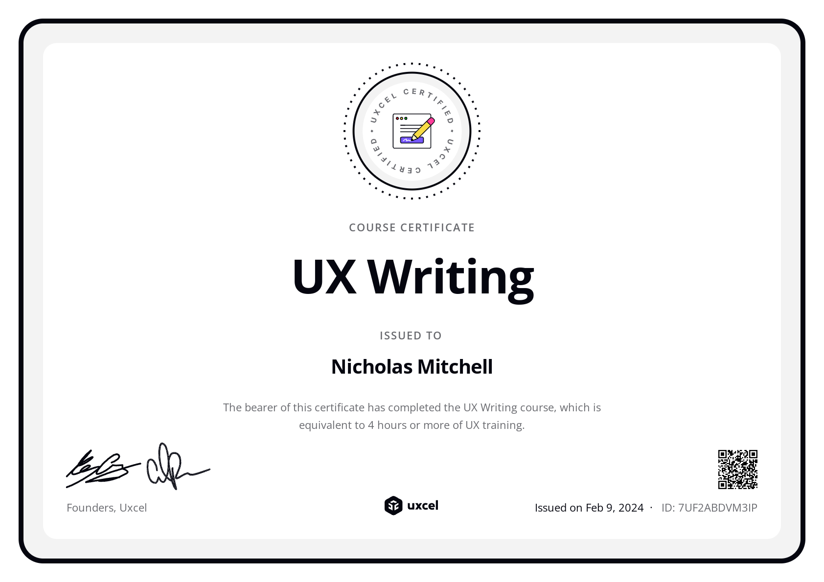 Nicholas Mitchell's certificate
